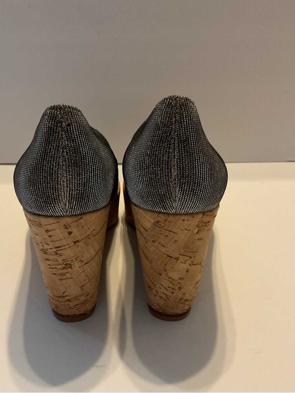 Stuart Weitzman Glitter Metallic Anna Cork Wedge Peep Toe Pumps Shoes Luxury 8 - Picture 11 of 11